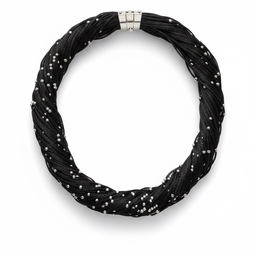Elegant Calgaro Black silk and sterling beaded Necklace